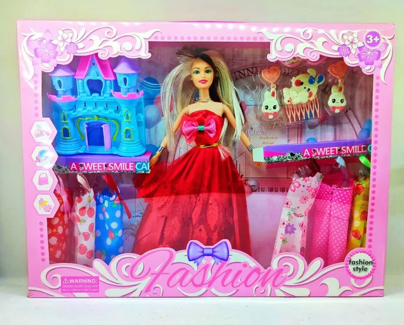 مجموعة دمية باربي، مفصلية مع 6 فساتين وبيت الدب