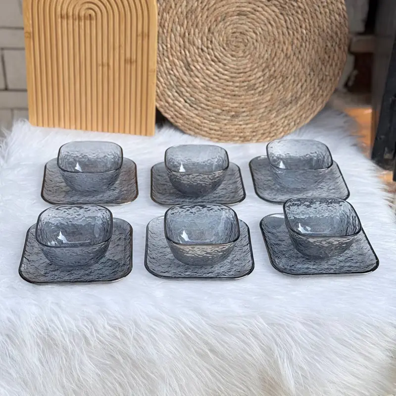 طقم التقديم "ديكور جلاس" المضلع والشفاف 12 قطعة للخشاف والحلويات