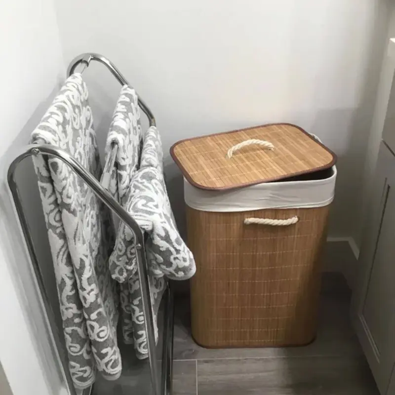 سلة الغسيل "ناشرال بامبو" بسعة 75 لتر بغطاء خشبي وبطانة كتان