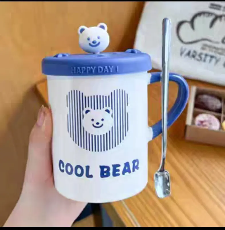 مج الدب الكرتوني الأنيق مع غطاء وملعقة