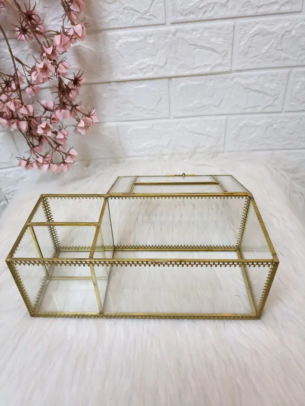 علبة "الترتيب الأنيق" للمناديل بتصميم معدني وزجاجي مع منظم