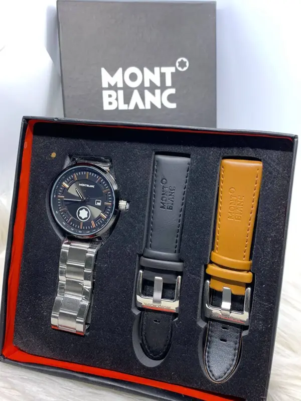 طقم ساعة "Montblanc" الهاي كوبي بمظهرها المعدني الثقيل ومجموعة الأساور المتعددة