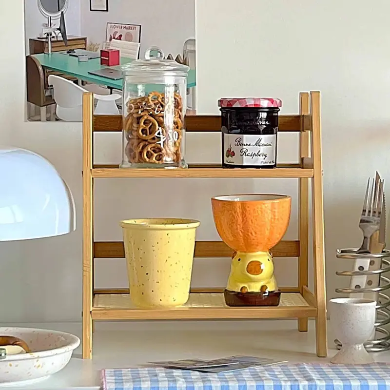 رف تخزين خشبي من خشب الزان بتصميم طبقتين