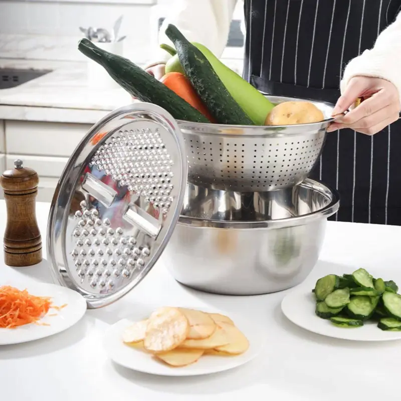 مجموعة وعاء خلط ومبشرة 5 في 1 من الستانلس ستيل للمطبخ