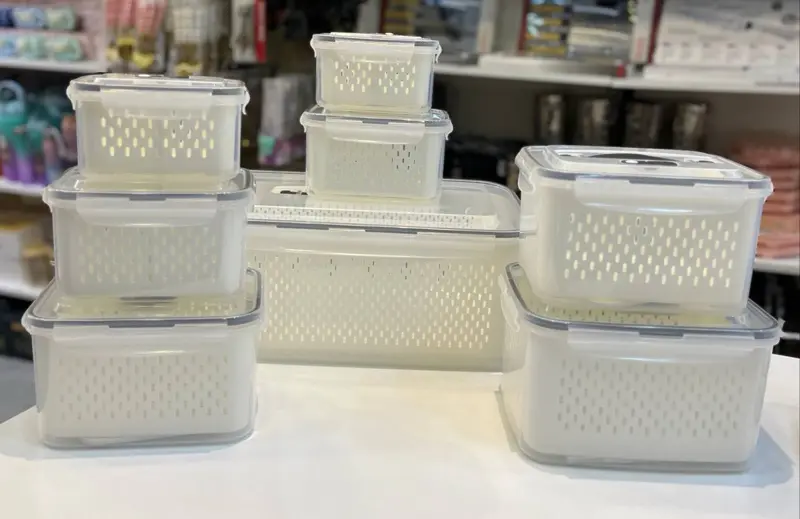 طقم حافظات ثلاجة بلاستيكية بمصافي لتخزين الفواكه والخضروات