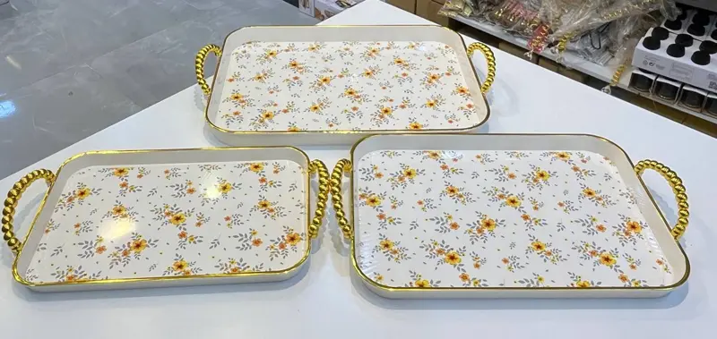 طقم صواني ميلامين مستطيلة 3 قطع (بتصميم عباد الشمس ومقابض "بابلز")