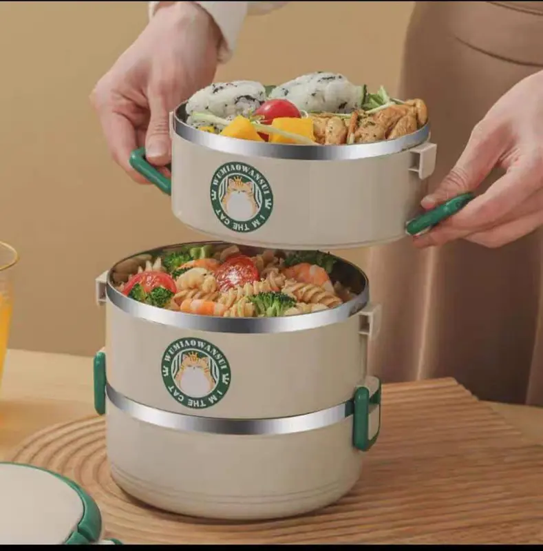 حافظ طعام حراري ثلاثي الطبقات (ستانلس ستيل بغطاء محكم ومقبض)