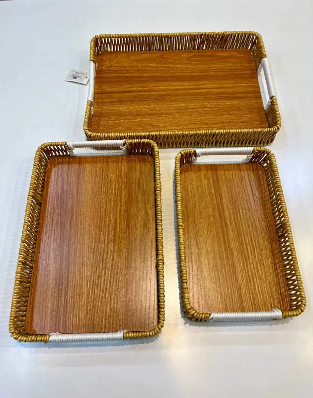 طقم صواني تقديم مستطيلة 3 قطع (بتصميم منسوج ومقابض عملية)