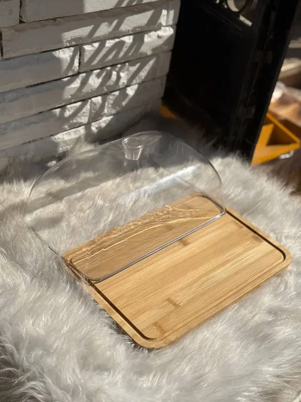 حامل كيك بغطاء أكريليك وقاعدة خشب بامبو