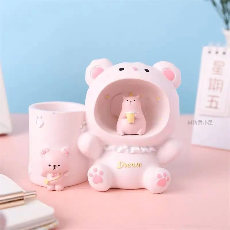 حامل أقلام وديكور مضيء على شكل دب