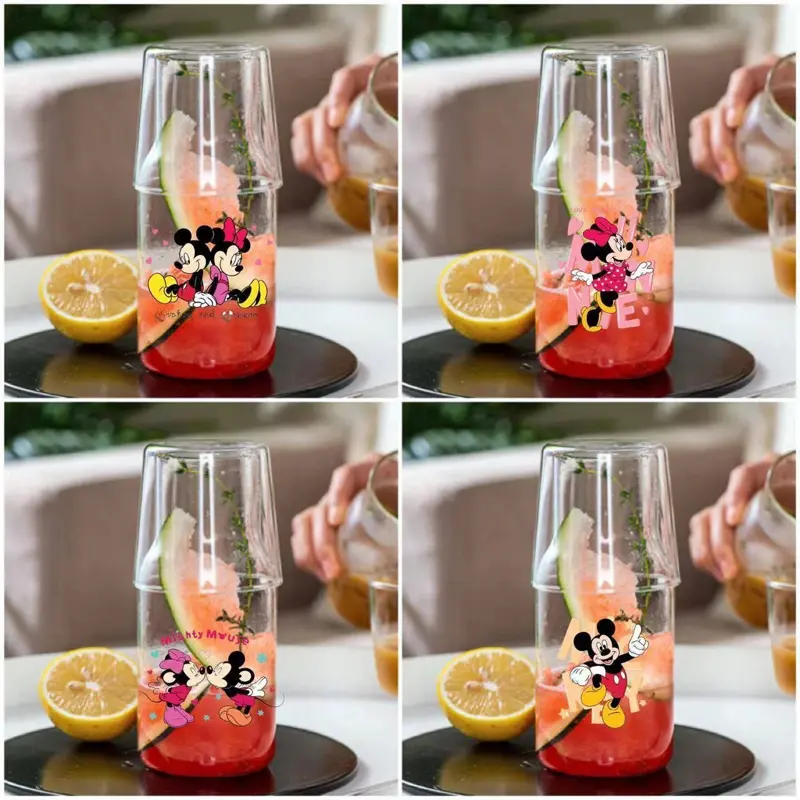 طقم قارورة وكوب زجاجي بتصميمات كرتونية متنوعة