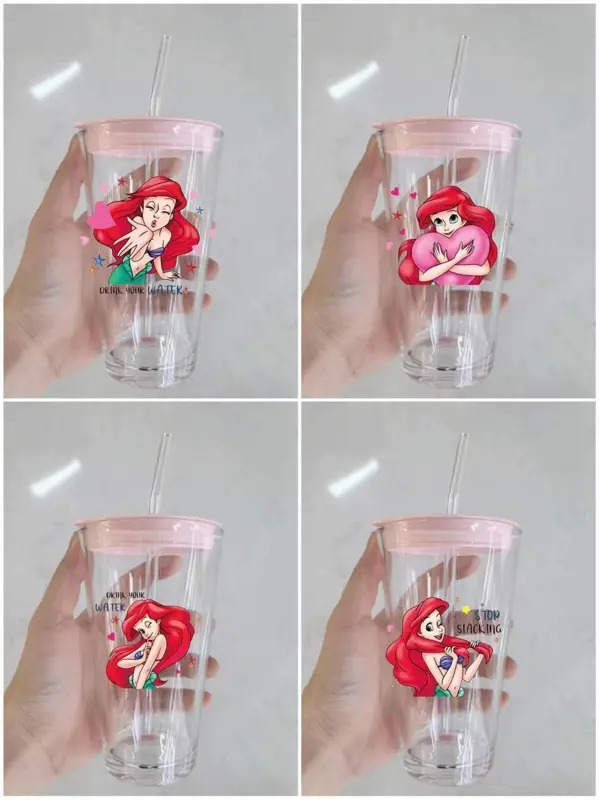 كوب زجاجي بتصميم ديزني مع غطاء وشاليموه