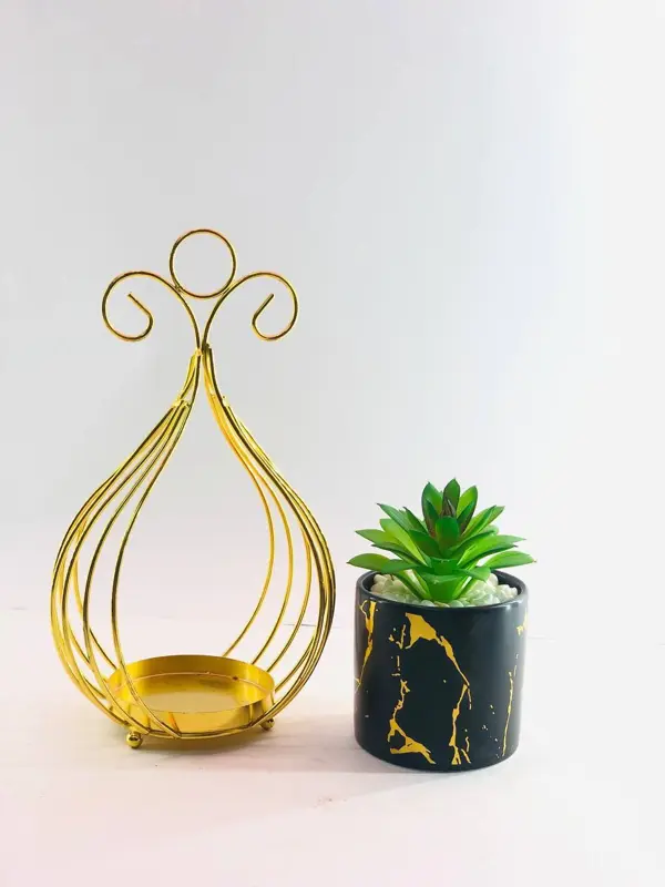 تحفة الديكور النباتية بوعاء أسود وذهبي مع حامل معدني للتعليق