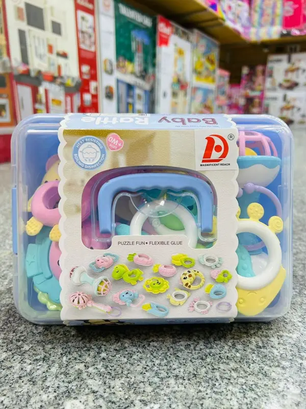 صندوق الشخاليل والألعاب الحسية 17 قطعة، مجموعة آمنة لتنمية الرضع