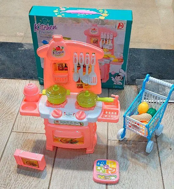 مجموعة المطبخ المحمولة وعربة التسوق 2 في 1