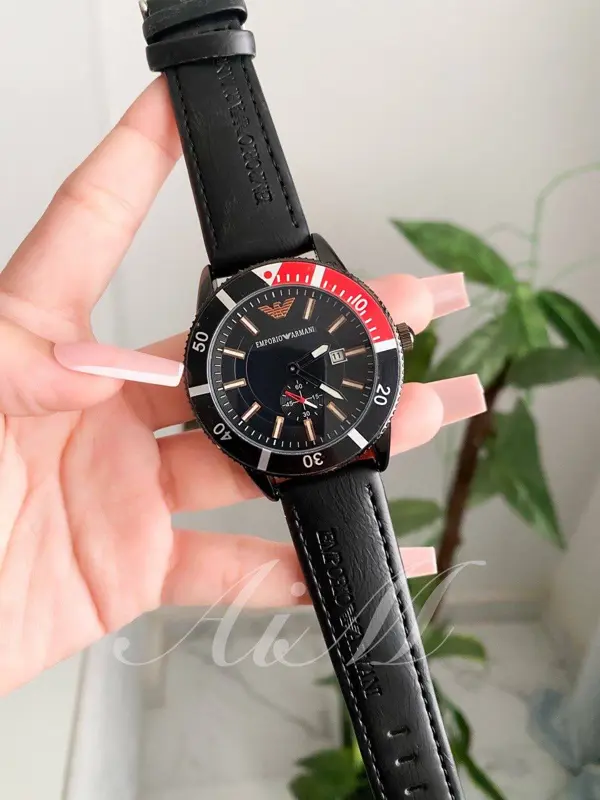 ساعة أرماني جلد فاخرة بقرص أبيض رجالي