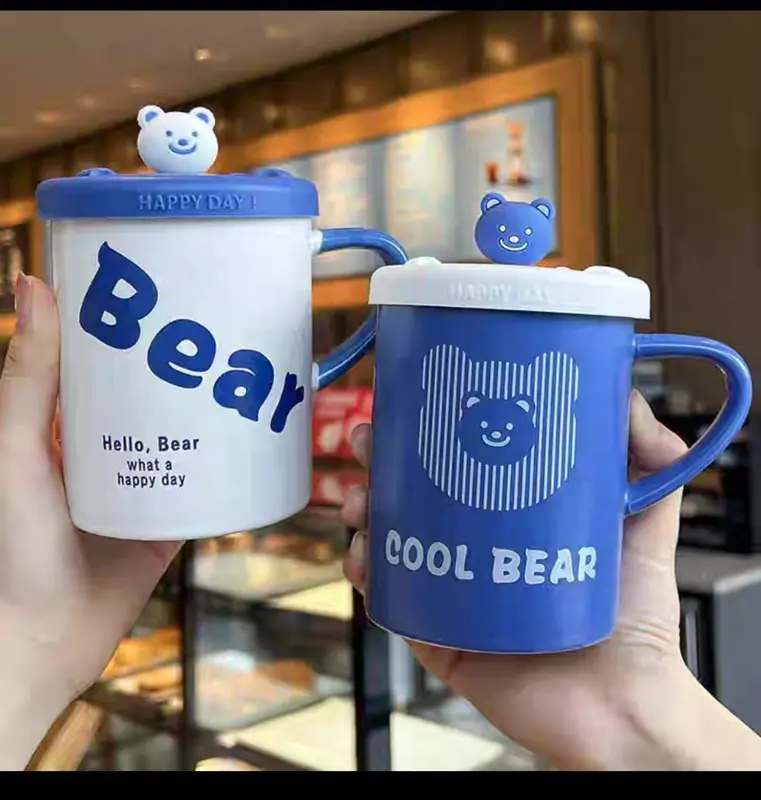 مج الدب الكرتوني الأنيق مع غطاء وملعقة