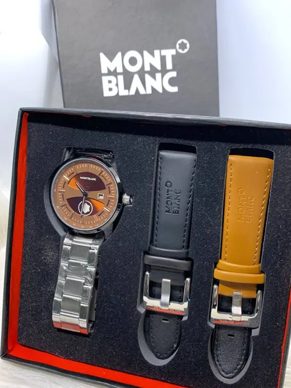 طقم ساعة "Montblanc" الهاي كوبي بمظهرها المعدني الثقيل ومجموعة الأساور المتعددة