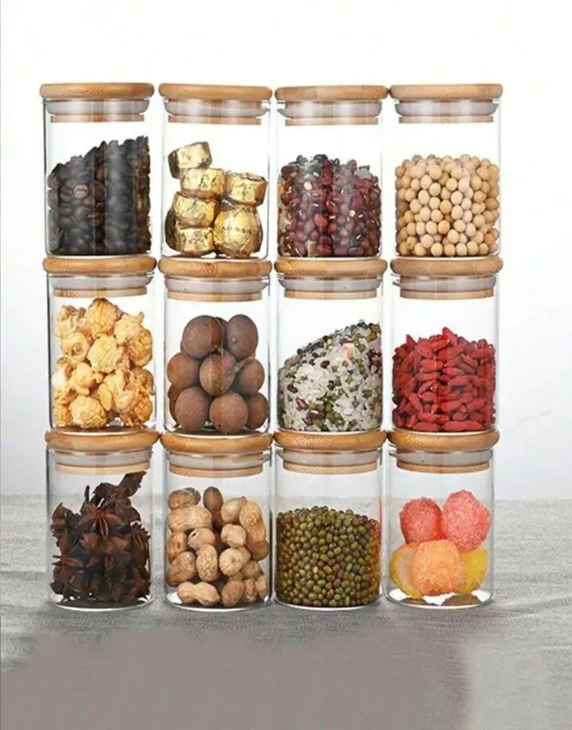 طقم برطمانات توابل زجاجية بغطاء خشبي محكم 12 قطعة