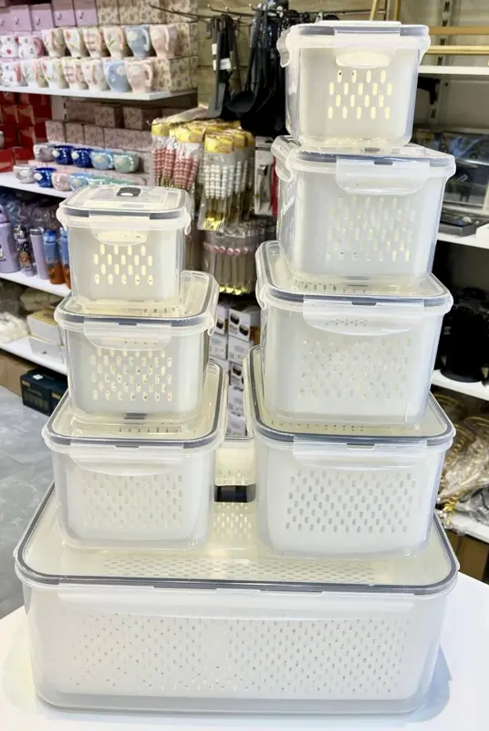 طقم حافظات ثلاجة بلاستيكية بمصافي لتخزين الفواكه والخضروات