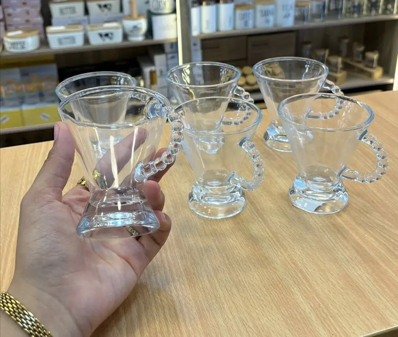 طقم أكواب زجاج شفاف 6 قطع بتصميم المقبض "البابلز" الفريد