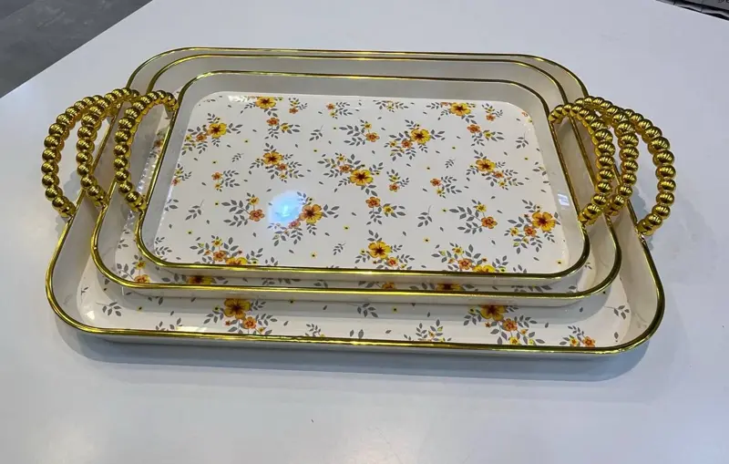 طقم صواني ميلامين مستطيلة 3 قطع (بتصميم عباد الشمس ومقابض "بابلز")