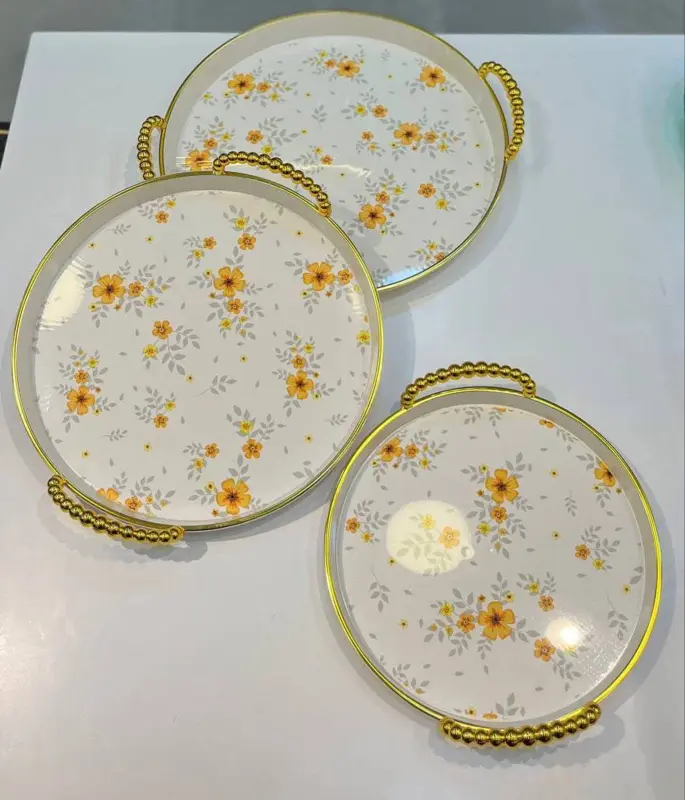 طقم صواني تقديم مدورة 3 قطع (ميلامين بجودة اكليريك بتصميم عباد الشمس)