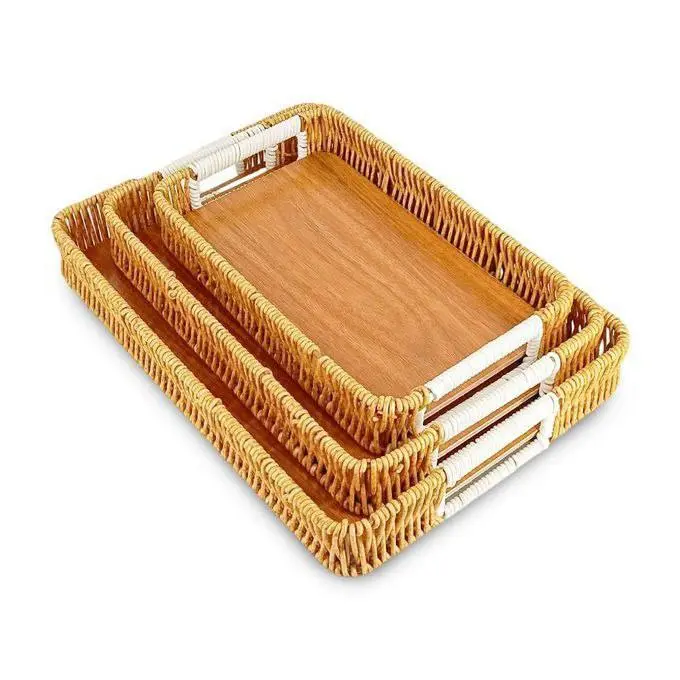 طقم صواني تقديم مستطيلة 3 قطع (بتصميم منسوج ومقابض عملية)