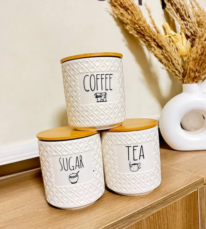 طقم تنظيم وتخزين شاي وقهوة وسكر بورسلين بغطاء بامبو