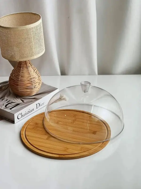 حامل كيك بغطاء أكريليك وقاعدة خشب بامبو