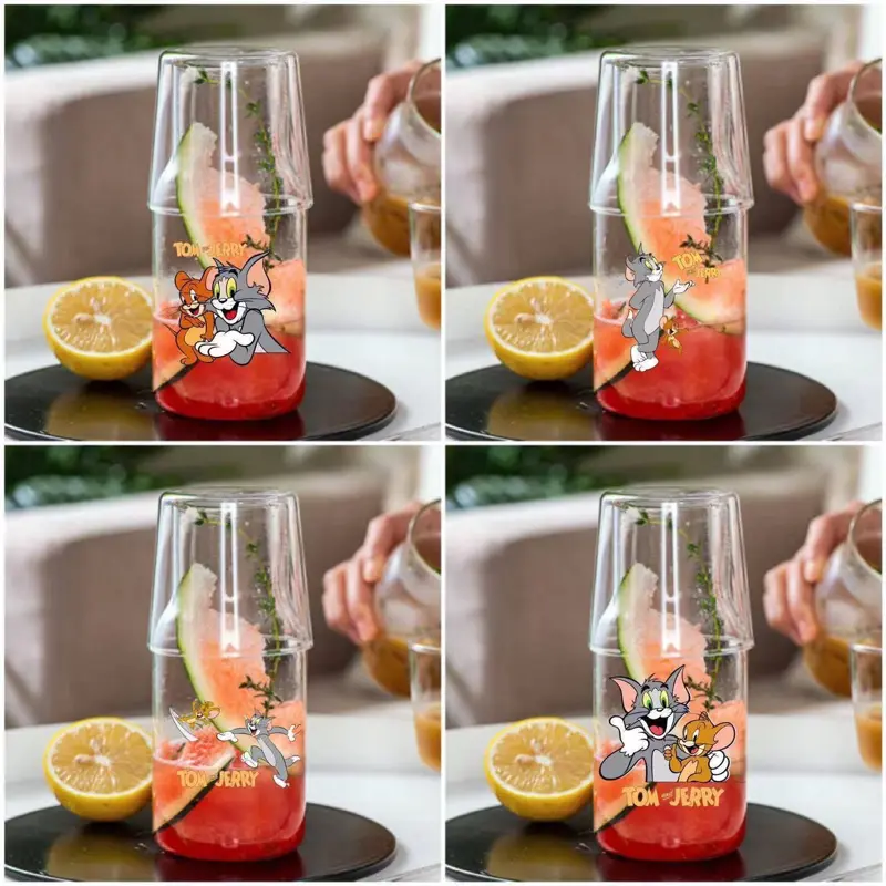 طقم قارورة وكوب زجاجي بتصميمات كرتونية متنوعة