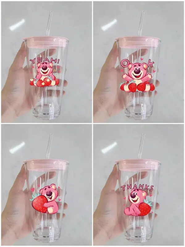 كوب زجاجي بتصميم ديزني مع غطاء وشاليموه