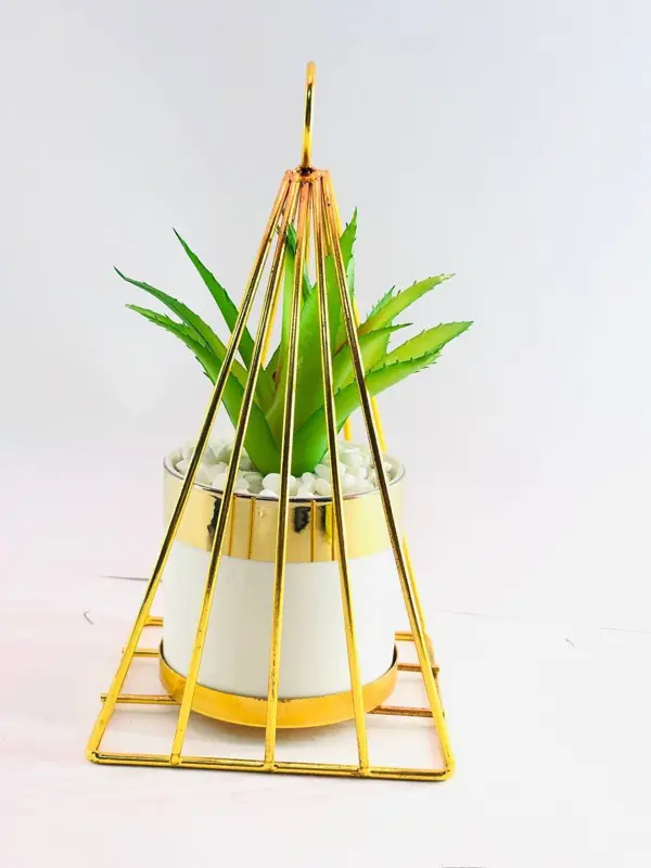 نبات زينة في وعاء خزفي أبيض مع حامل معدني ذهبي