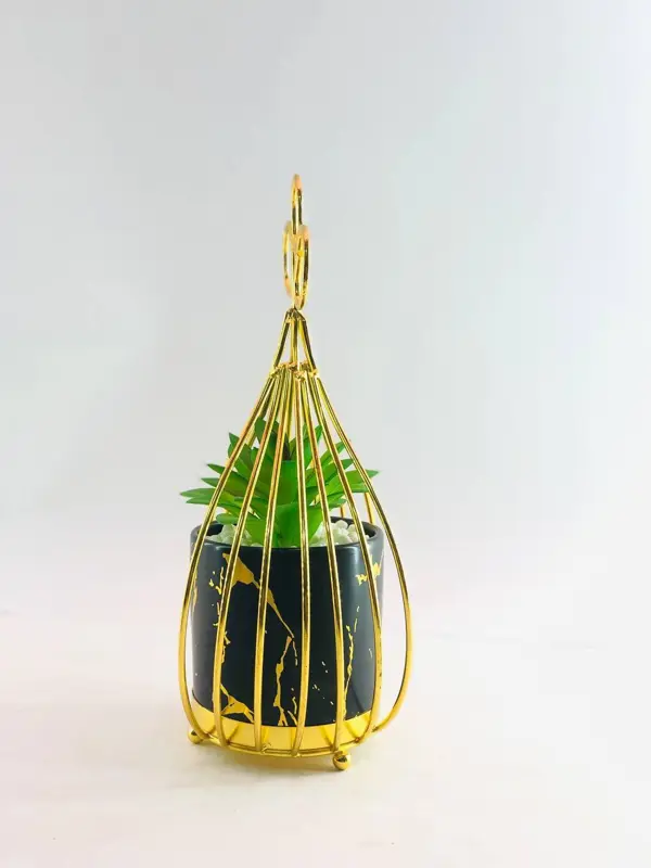 تحفة الديكور النباتية بوعاء أسود وذهبي مع حامل معدني للتعليق
